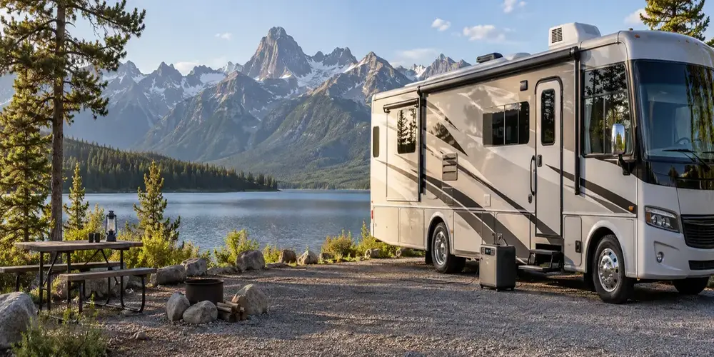Motorhome with rooftop air conditioner at a mountain campsite