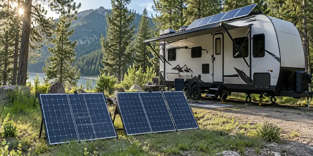 Solar panels beside a travel trailer in a forest campsite