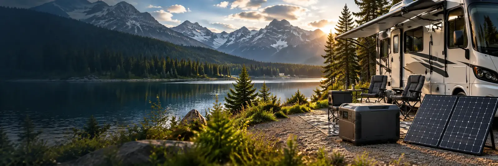 Motorhome, portable power and solar at a mountain lake campsite